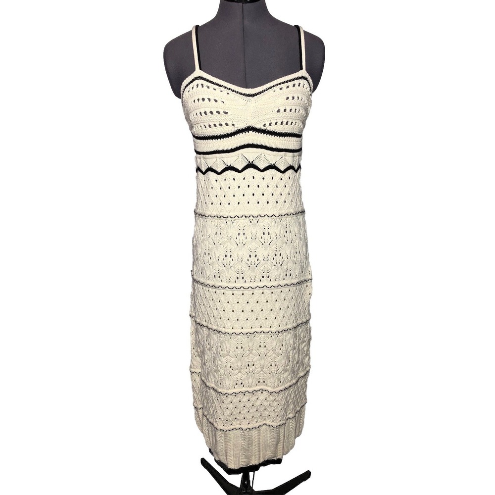 Commense Midi Dress Size M Ivory/Black‎ Crochet Eyelet Open Knit Boho Beach
